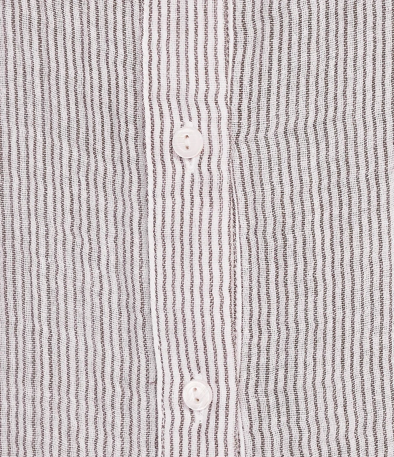 Eileen Fisher Striped Oragnic Cotton Gauze Split Mandarin Collar Long Sleeve Shirt