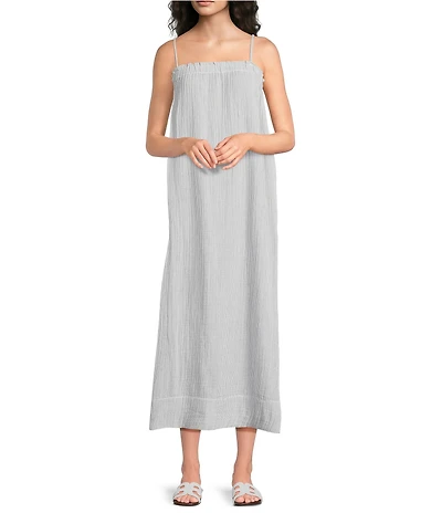 Eileen Fisher Striped Organic Cotton Gauze Square Neck Sleeveless Cami Maxi Dress