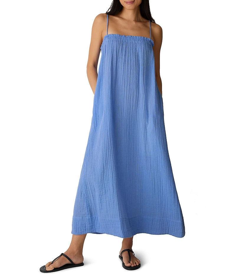 Eileen Fisher Striped Organic Cotton Gauze Square Neck Sleeveless Cami Maxi Dress
