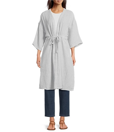 Eileen Fisher Striped Organic Cotton Gauze V-Neck 3/4 Sleeve Tie Caftan