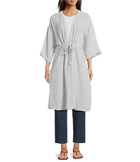 Eileen Fisher Striped Organic Cotton Gauze V-Neck 3/4 Sleeve Tie Caftan