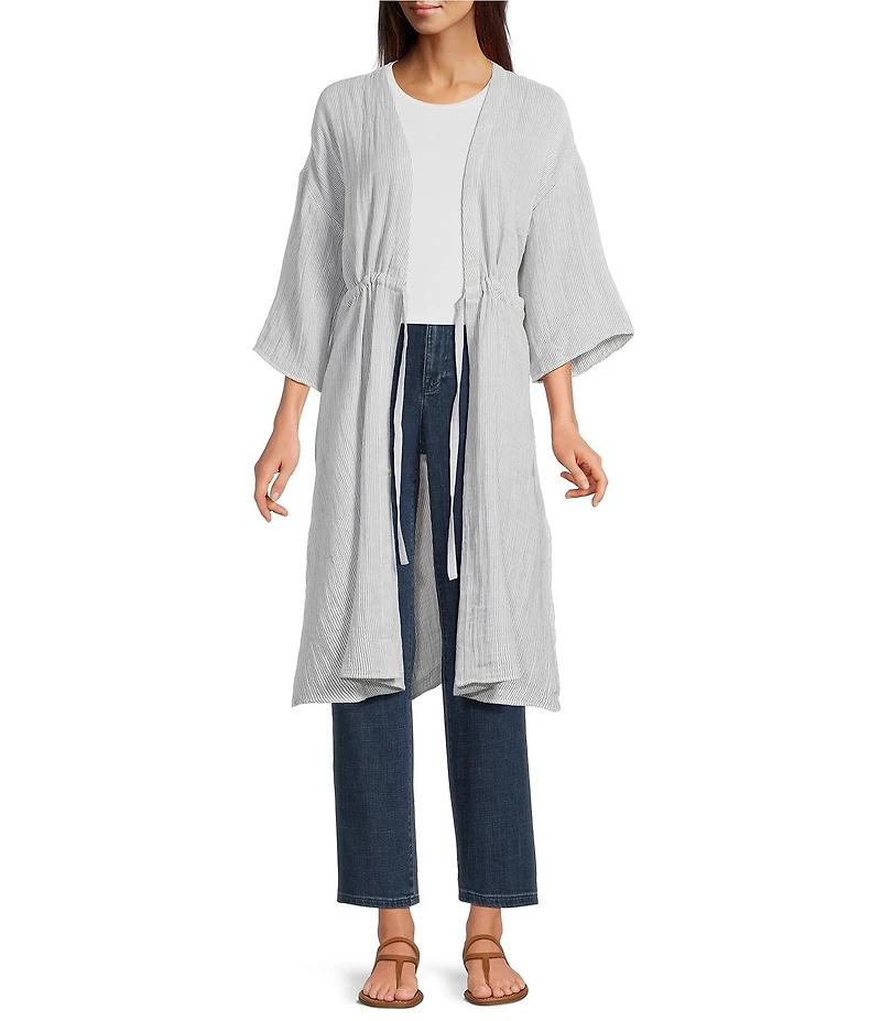 Eileen Fisher Striped Organic Cotton Gauze V-Neck 3/4 Sleeve Tie Caftan