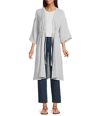Eileen Fisher Striped Organic Cotton Gauze V-Neck 3/4 Sleeve Tie Caftan