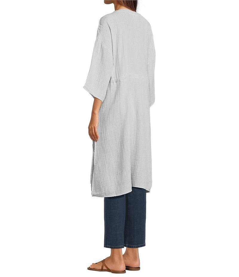 Eileen Fisher Striped Organic Cotton Gauze V-Neck 3/4 Sleeve Tie Caftan