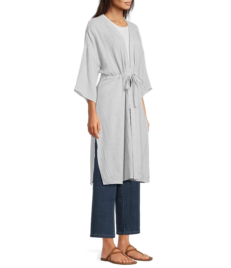 Eileen Fisher Striped Organic Cotton Gauze V-Neck 3/4 Sleeve Tie Caftan