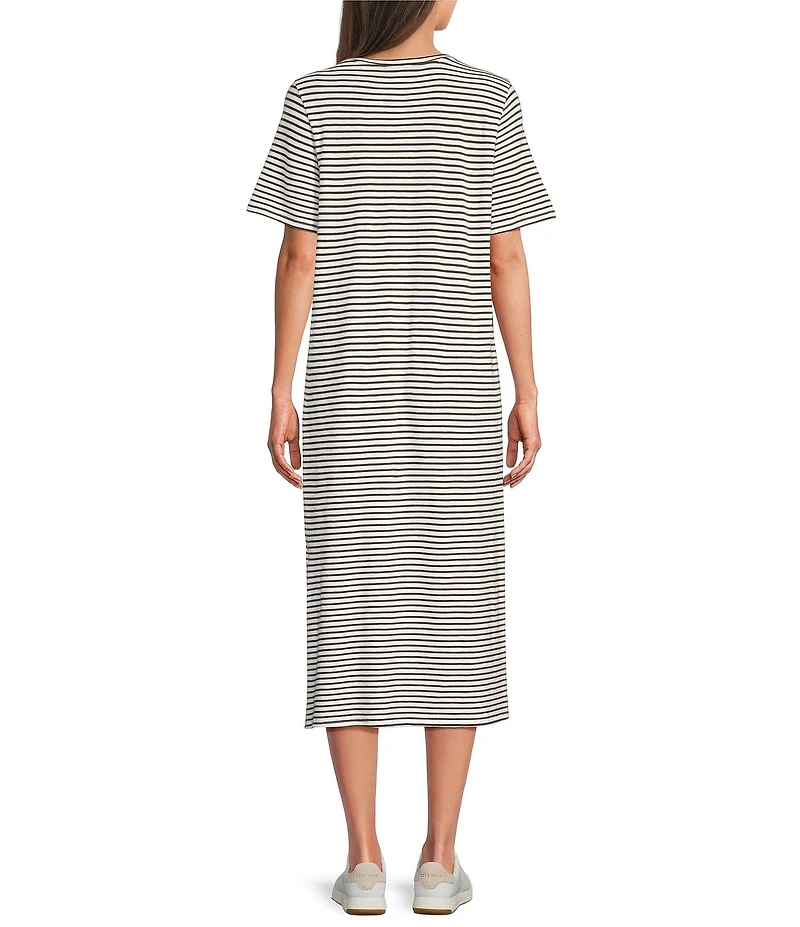 Eileen Fisher Striped Organic Cotton Slub Crew Neck Short Sleeve Dress
