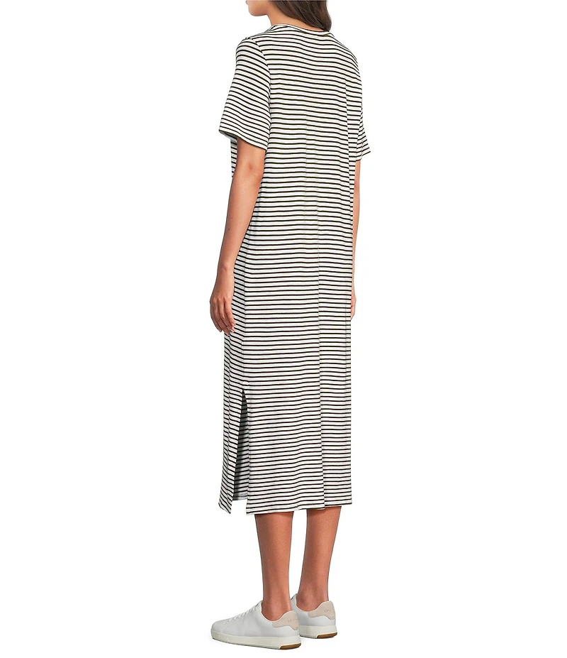 Eileen Fisher Striped Organic Cotton Slub Crew Neck Short Sleeve Dress