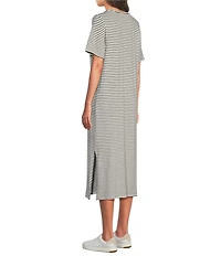 Eileen Fisher Striped Organic Cotton Slub Crew Neck Short Sleeve Dress