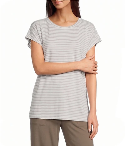Eileen Fisher Striped Organic Cotton Slub Knit Crew Neck Short Sleeve Tee Top
