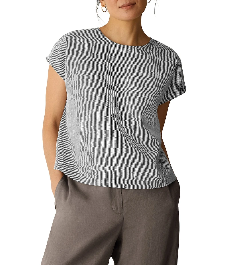 Eileen Fisher Striped Organic Linen Blend Sheen Round Neck Cap Sleeve Top