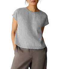 Eileen Fisher Striped Organic Linen Blend Sheen Round Neck Cap Sleeve Top