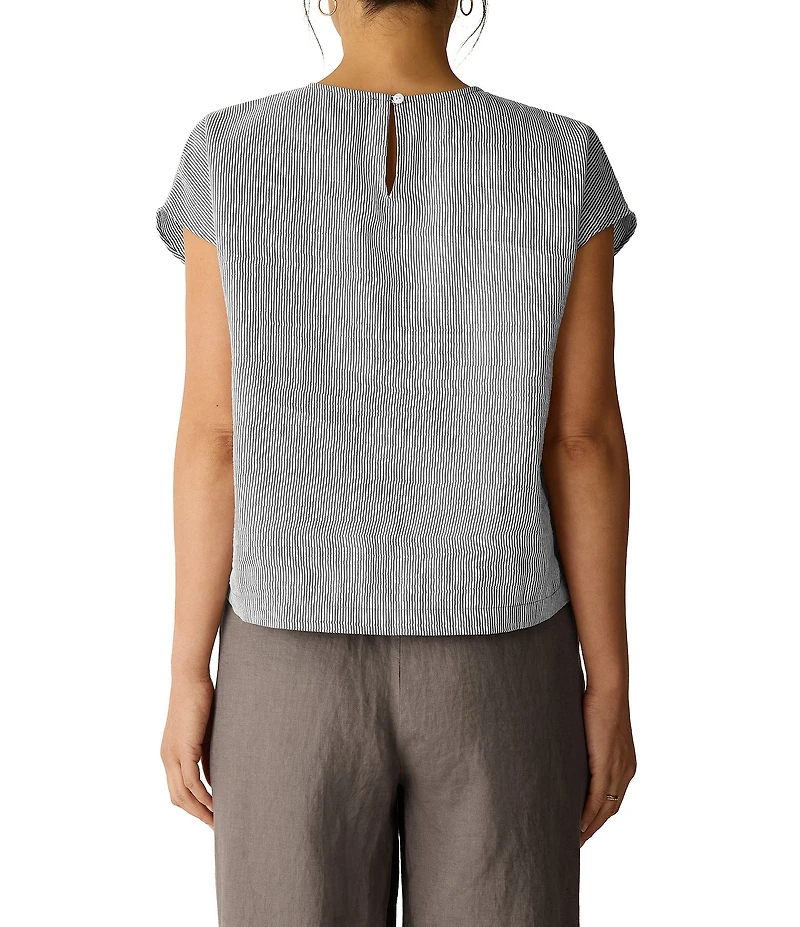 Eileen Fisher Striped Organic Linen Blend Sheen Round Neck Cap Sleeve Top