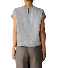 Eileen Fisher Striped Organic Linen Blend Sheen Round Neck Cap Sleeve Top