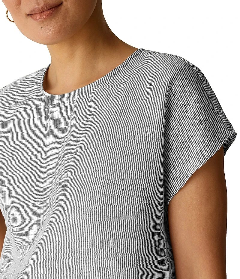 Eileen Fisher Striped Organic Linen Blend Sheen Round Neck Cap Sleeve Top