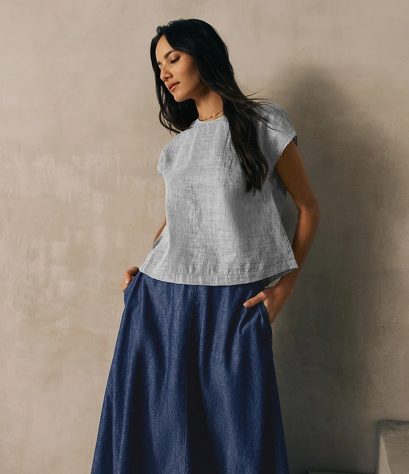 Eileen Fisher Striped Organic Linen Blend Sheen Round Neck Cap Sleeve Top