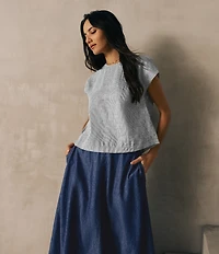 Eileen Fisher Striped Organic Linen Blend Sheen Round Neck Cap Sleeve Top