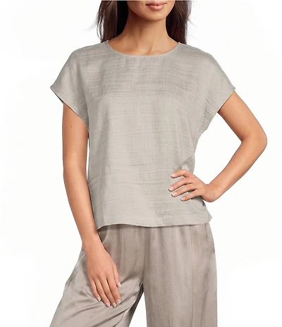 Eileen Fisher Striped Organic Linen Blend Sheen Round Neck Cap Sleeve Top