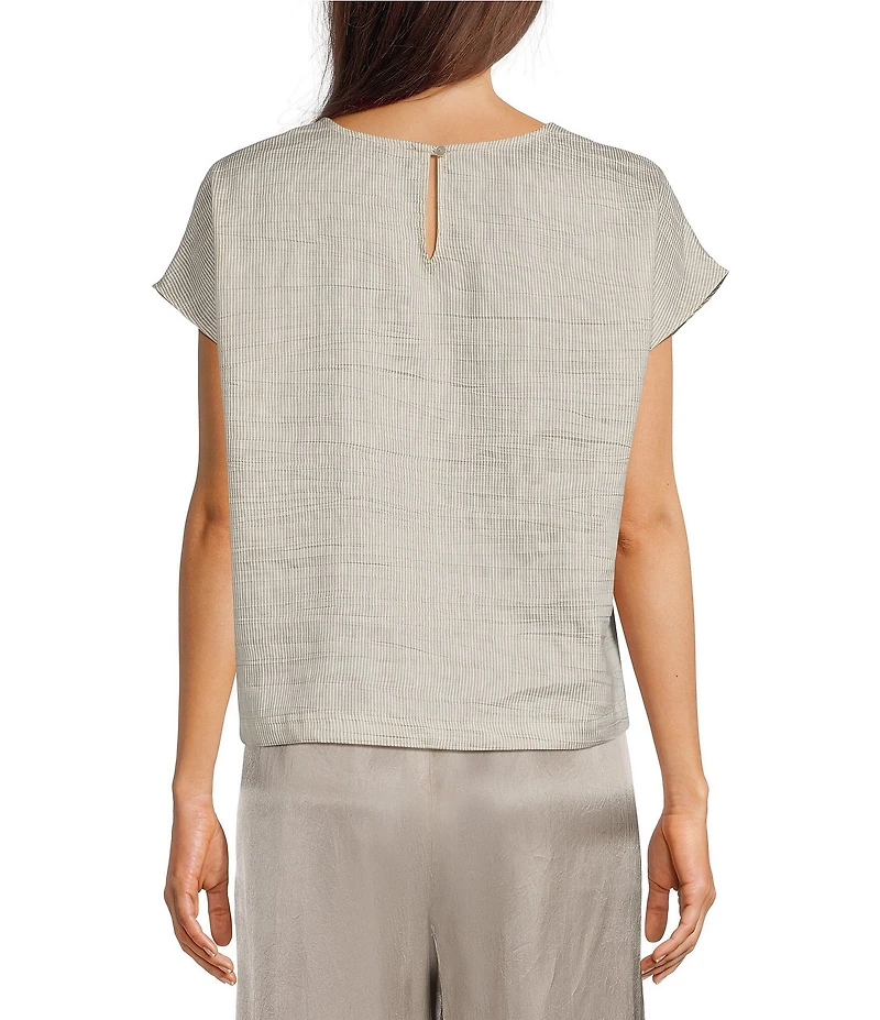 Eileen Fisher Striped Organic Linen Blend Sheen Round Neck Cap Sleeve Top