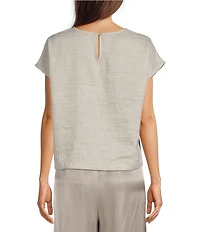 Eileen Fisher Striped Organic Linen Blend Sheen Round Neck Cap Sleeve Top