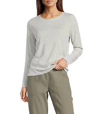 Eileen Fisher Striped Organic Linen Jersey Round Neck Long Sleeve Tee