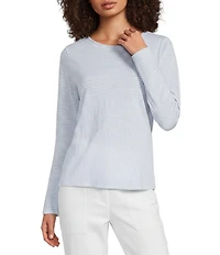 Eileen Fisher Striped Organic Linen Jersey Round Neck Long Sleeve Tee