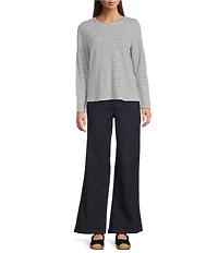 Eileen Fisher Striped Organic Linen Jersey Round Neck Long Sleeve Tee