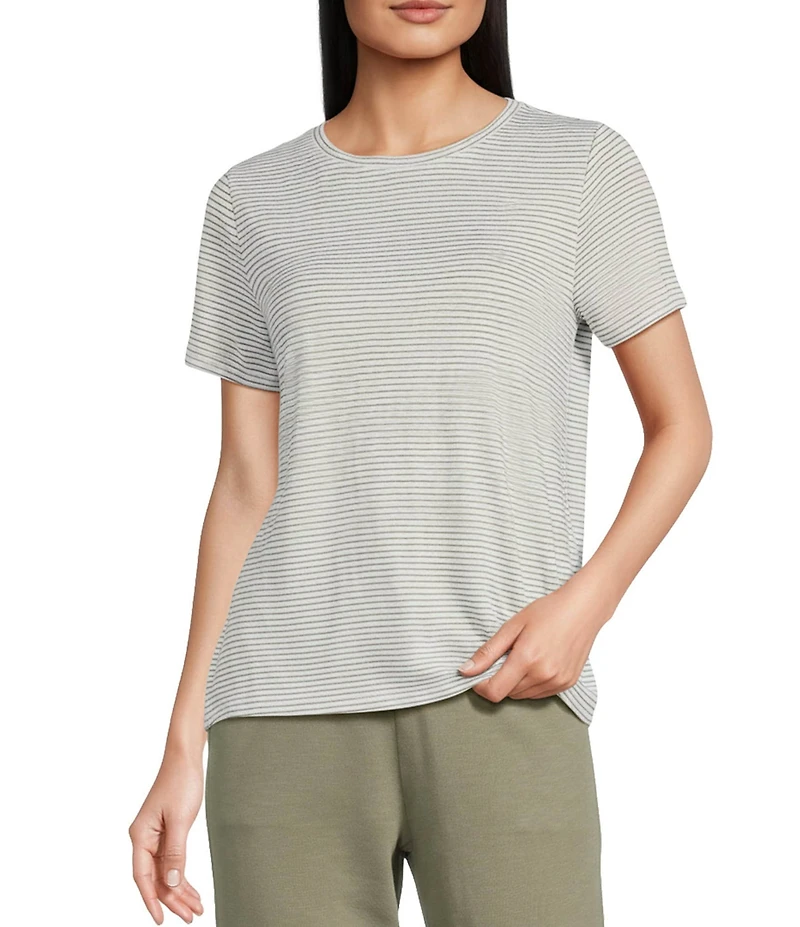 Eileen Fisher Striped Organic Linen Jersey Round Neck Short Sleeve Top