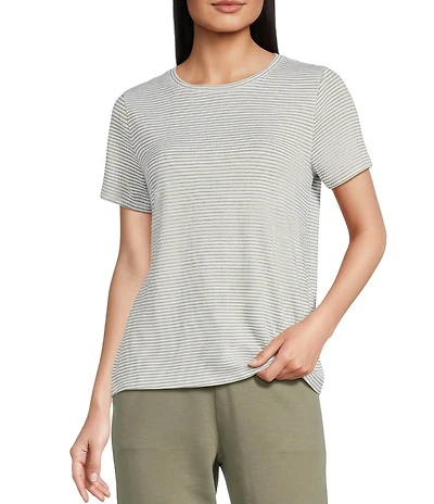 Eileen Fisher Striped Organic Linen Jersey Round Neck Short Sleeve Top