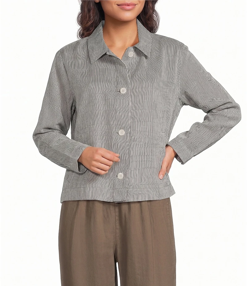 Eileen Fisher Striped Organic Linen Sheen Point Collar Long Sleeve A-Line Jacket