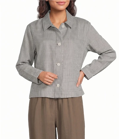 Eileen Fisher Striped Organic Linen Sheen Point Collar Long Sleeve A-Line Jacket