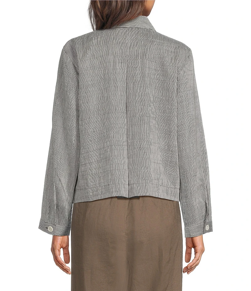 Eileen Fisher Striped Organic Linen Sheen Point Collar Long Sleeve A-Line Jacket