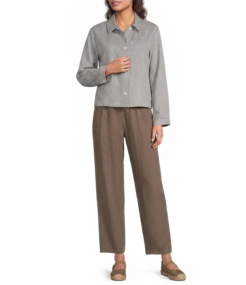 Eileen Fisher Striped Organic Linen Sheen Point Collar Long Sleeve A-Line Jacket