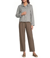 Eileen Fisher Striped Organic Linen Sheen Point Collar Long Sleeve A-Line Jacket