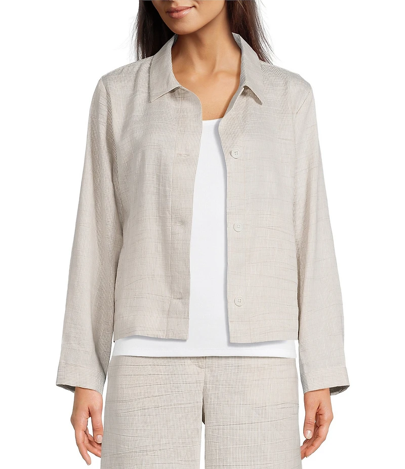 Eileen Fisher Striped Organic Linen Sheen Point Collar Long Sleeve A-Line Jacket
