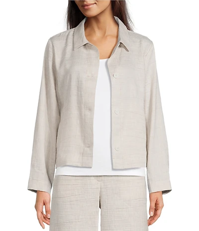 Eileen Fisher Striped Organic Linen Sheen Point Collar Long Sleeve A-Line Jacket