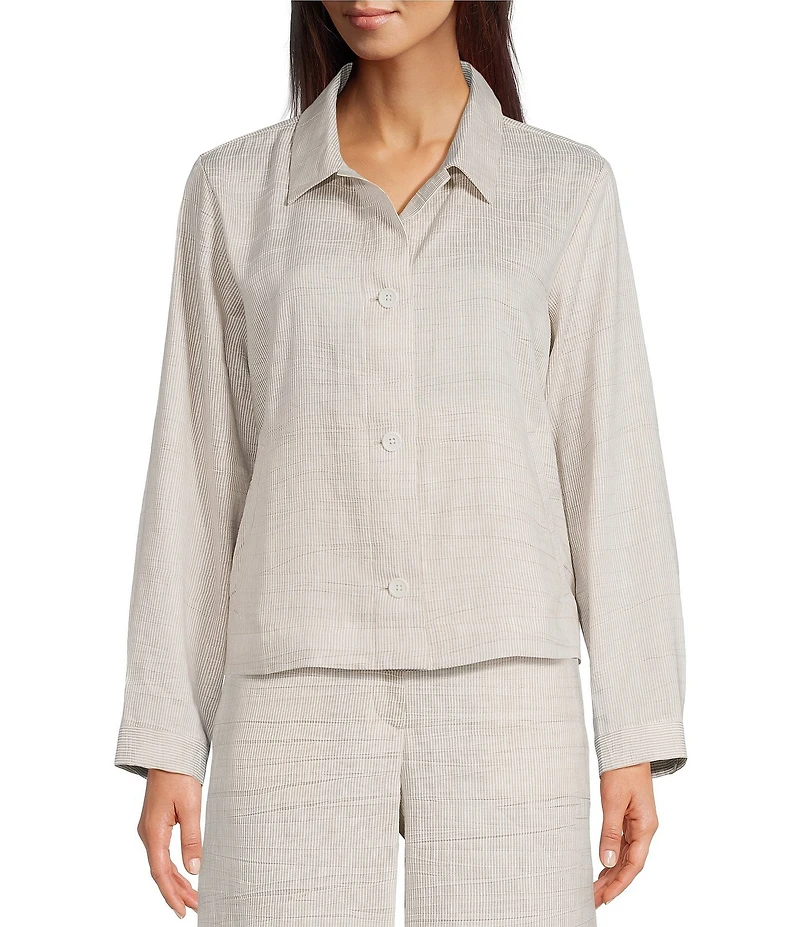 Eileen Fisher Striped Organic Linen Sheen Point Collar Long Sleeve A-Line Jacket