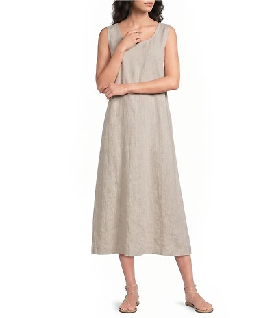 Eileen Fisher Striped Organic Linen Sheen Scoop Neck Sleeveless Maxi Dress