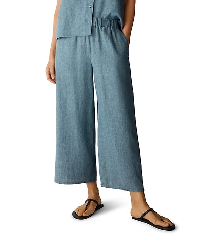 Eileen Fisher Textural Linen Elastic Waist Wide Leg Pants