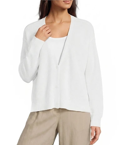 Eileen Fisher Textural Organic Knit V-Neck Long Sleeve Cardigan