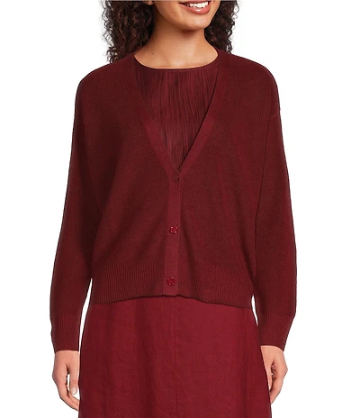 Eileen Fisher Textural Organic Knit V-Neck Long Sleeve Cardigan
