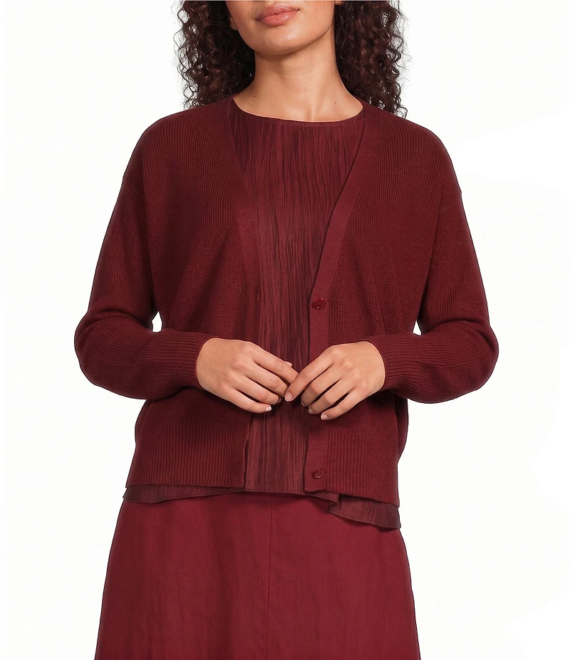 Eileen Fisher Textural Organic Knit V-Neck Long Sleeve Cardigan