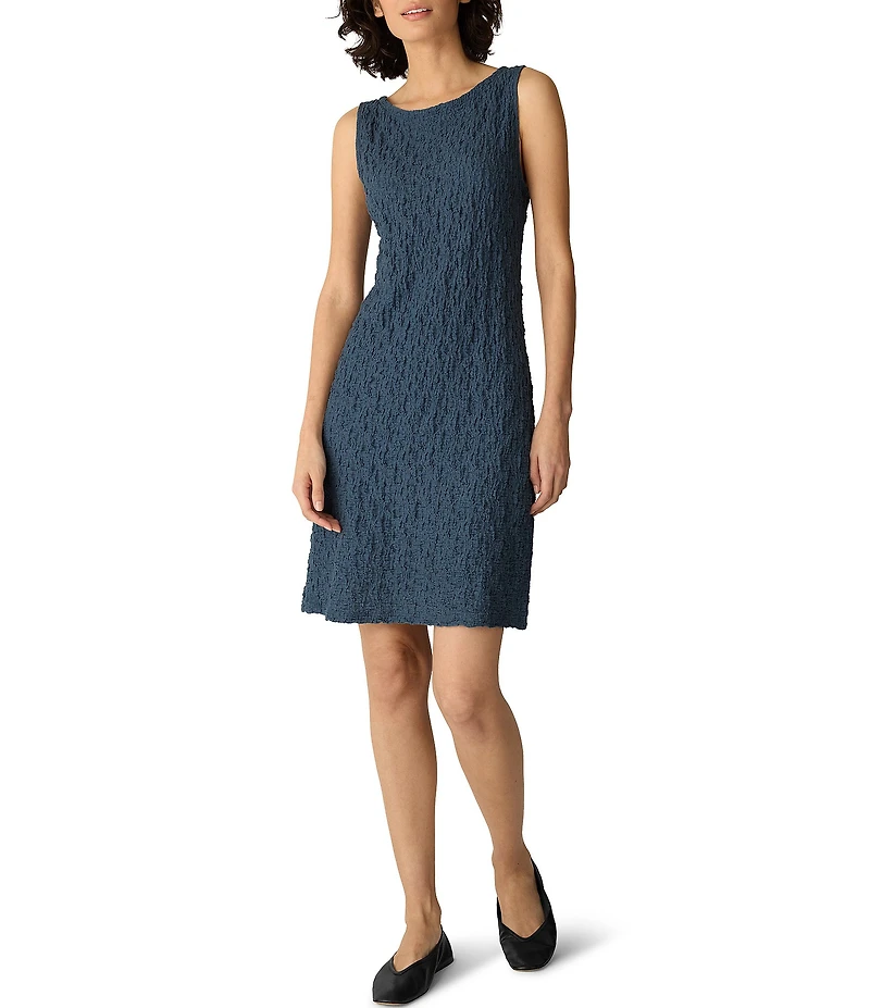 Eileen Fisher Textured Bubble Jacquard Boat Neck Sleeveless Sheath Dress