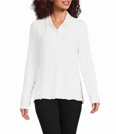 Eileen Fisher Textured Bubble Jacquard Point Collar Long Sleeve Button-Front Shirt