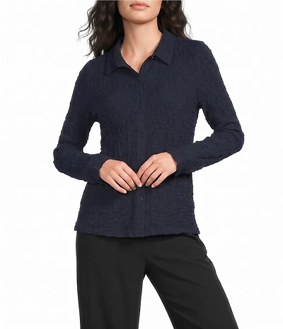 Eileen Fisher Textured Bubble Jacquard Point Collar Long Sleeve Button-Front Shirt