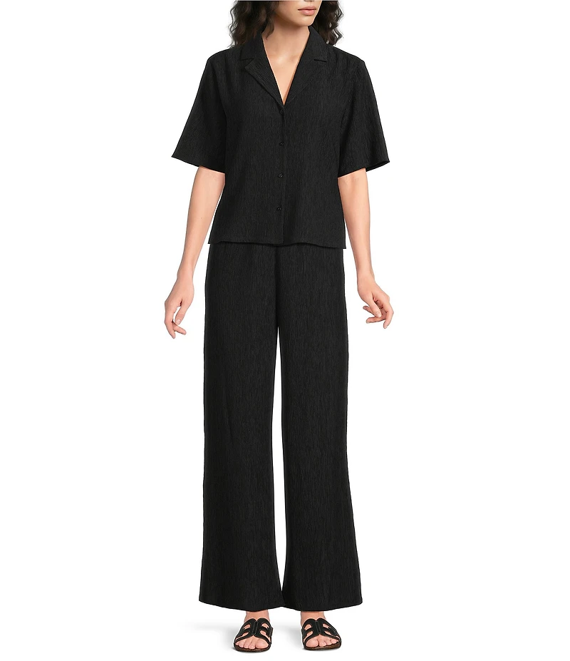 Eileen Fisher Textured Crinkle Woven Plisse Wide-Leg Pull-On Ankle Pants