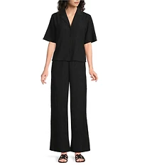 Eileen Fisher Textured Crinkle Woven Plisse Wide-Leg Pull-On Ankle Pants