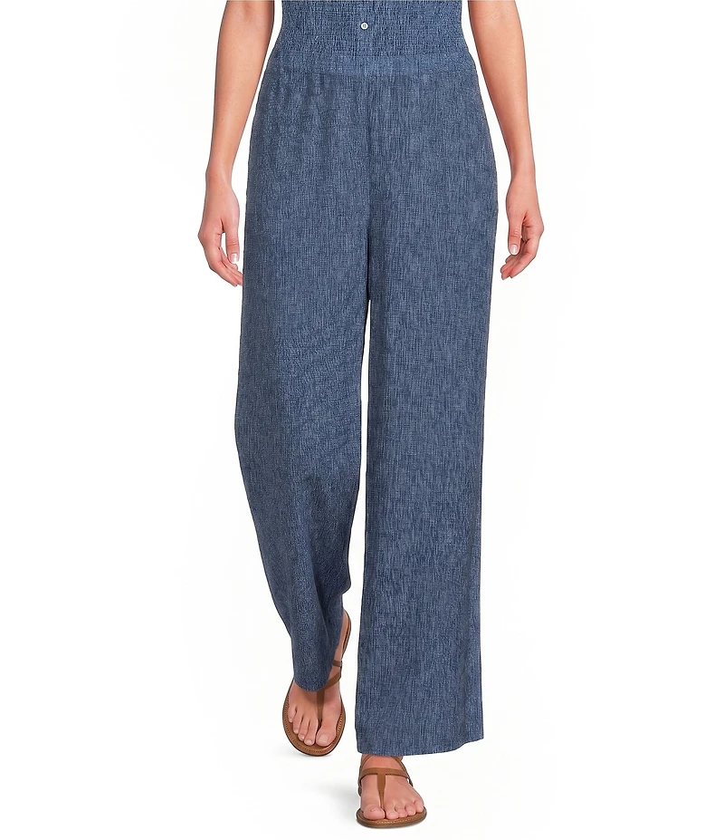 Eileen Fisher Textured Crinkle Woven Plisse Wide-Leg Pull-On Ankle Pants