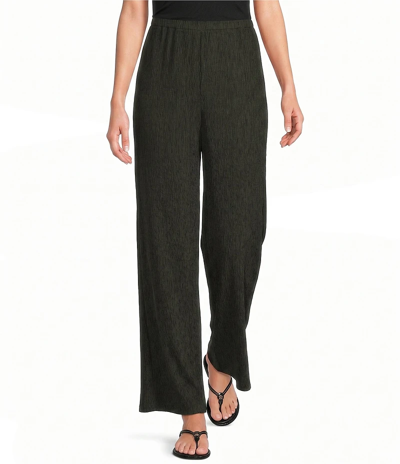 Eileen Fisher Textured Crinkle Woven Plisse Wide-Leg Pull-On Ankle Pants