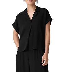 Eileen Fisher Textured Matte Jersey Knit Notch Collar Cap Sleeve Top