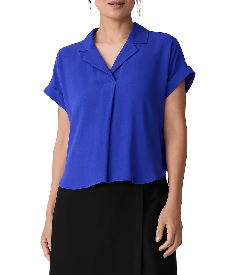 Eileen Fisher Textured Matte Jersey Knit Notch Collar Cap Sleeve Top